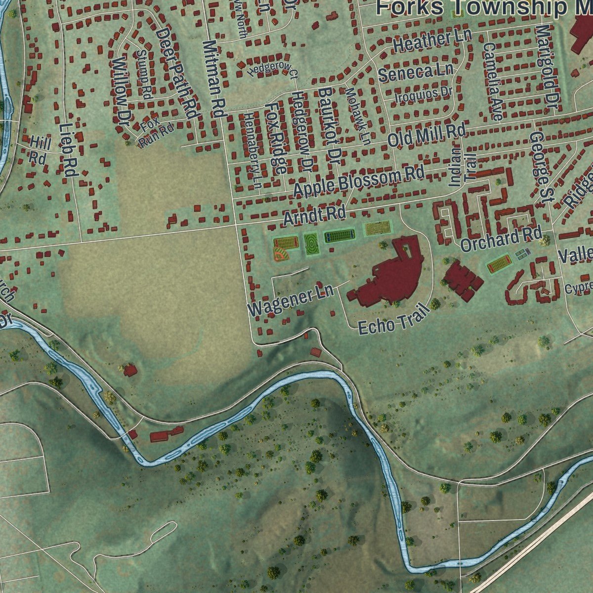 Second close-up of the map of Forks, Northampton County, Pennsylvania print showing more streets and buildings
