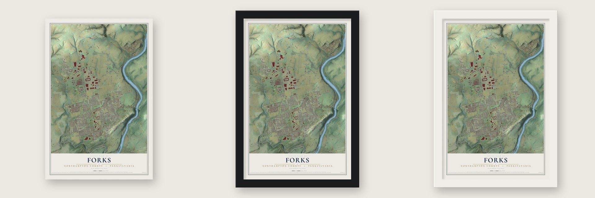 Forks, Northampton County, Pennsylvania map unframed, in a black wood frame and in a white wood frame
