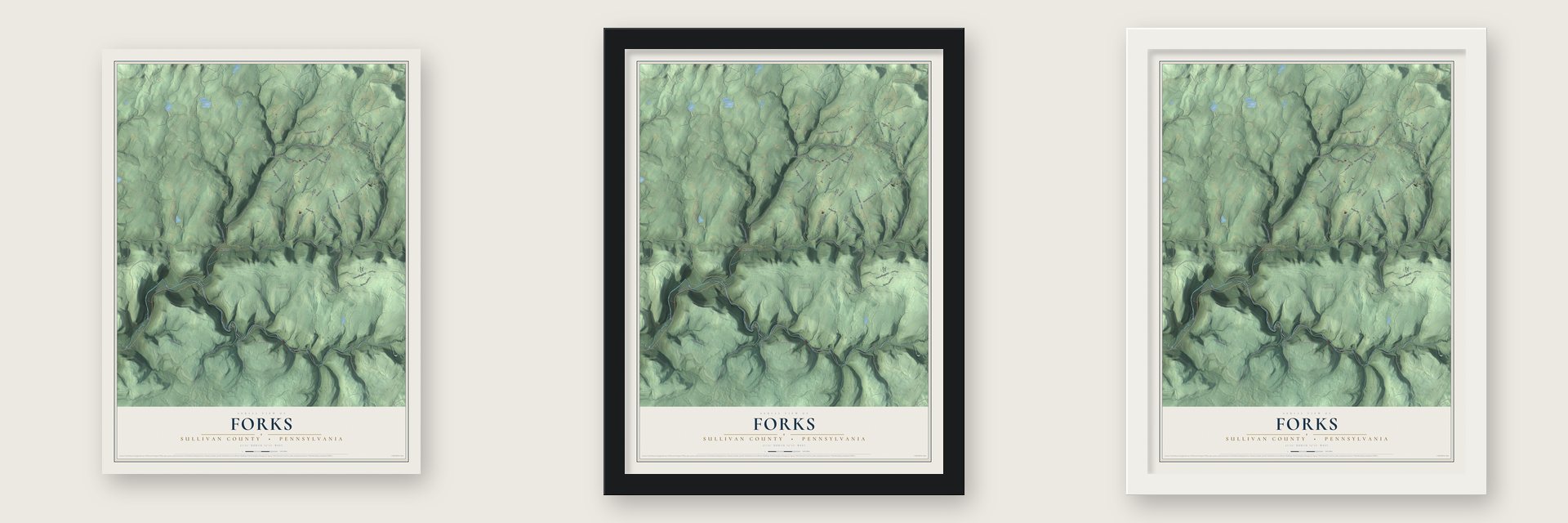 Forks, Sullivan County, Pennsylvania map unframed, in a black wood frame and in a white wood frame