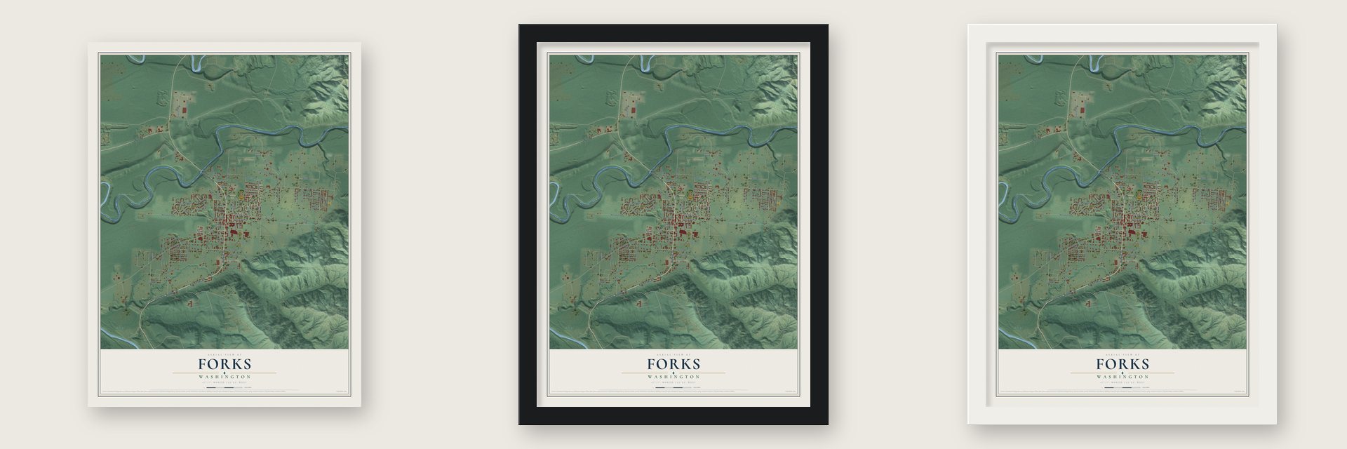 Forks, Washington map unframed, in a black wood frame and in a white wood frame