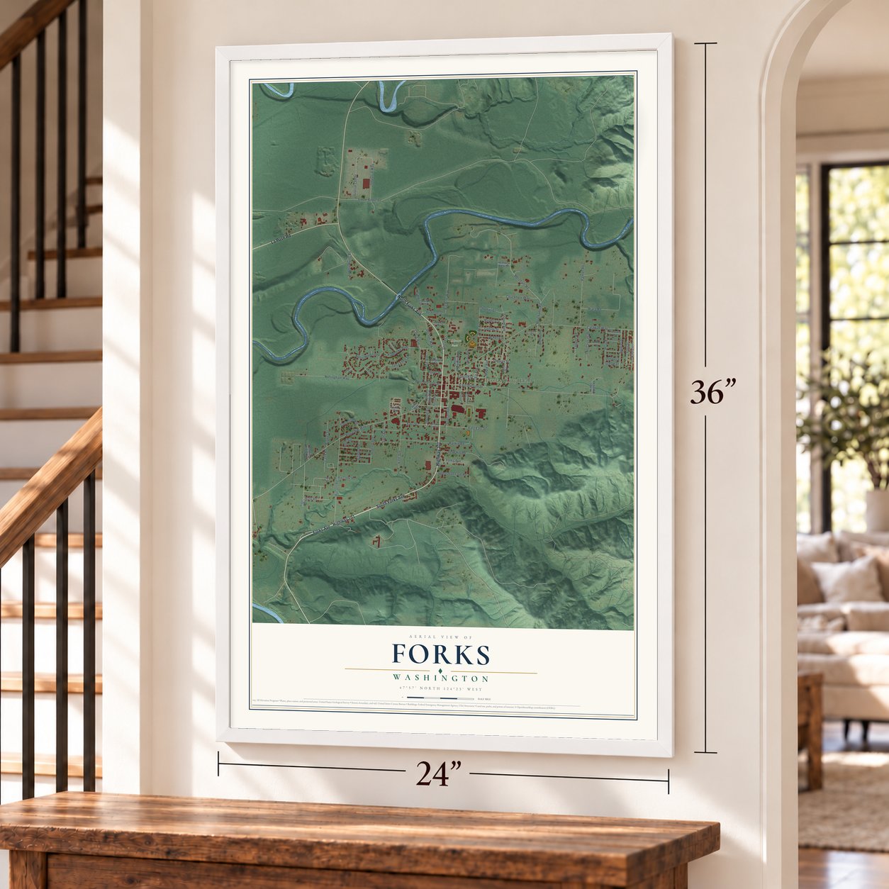 Forks, Washington map, 24 x 36 inch print in a white frame by a staircase