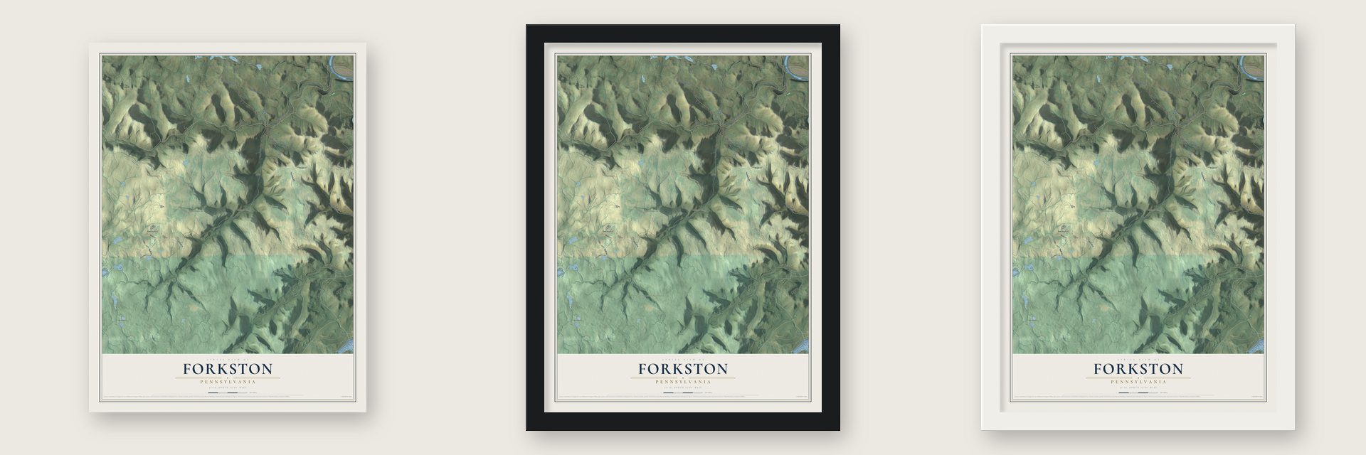 Forkston, Pennsylvania map unframed, in a black wood frame and in a white wood frame