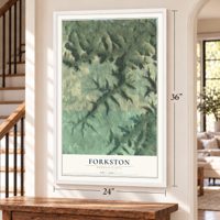 Forkston, Pennsylvania map, 24 x 36 inch print in a white frame by a staircase