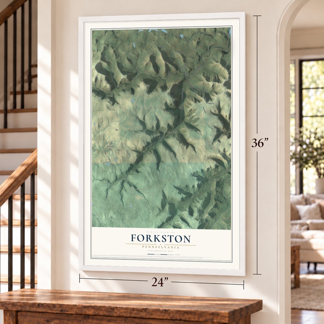 Forkston, Pennsylvania map, 24 x 36 inch print in a white frame by a staircase