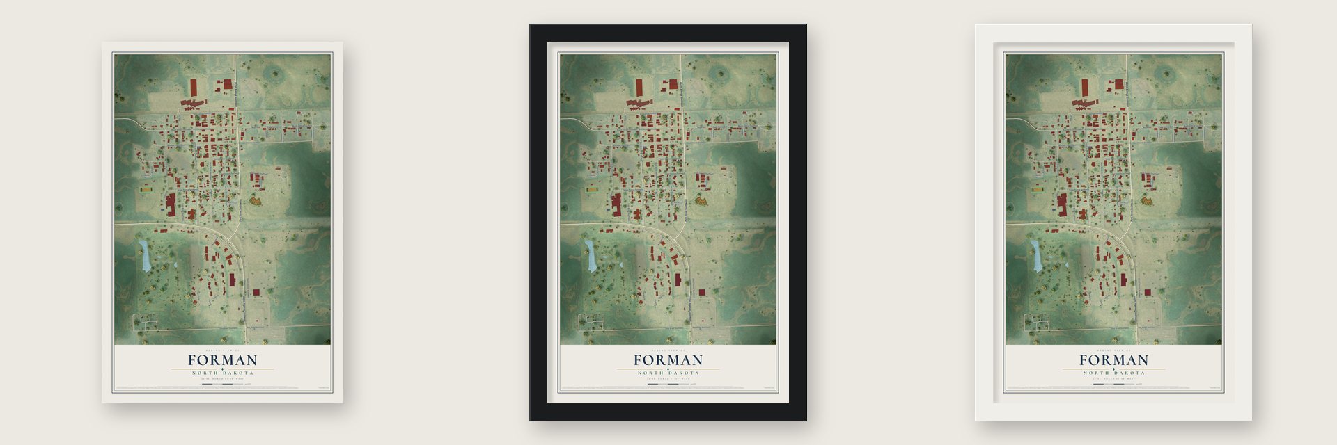 Forman, North Dakota map unframed, in a black wood frame and in a white wood frame