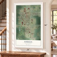 Forman, North Dakota map, 24 x 36 inch print in a white frame by a staircase