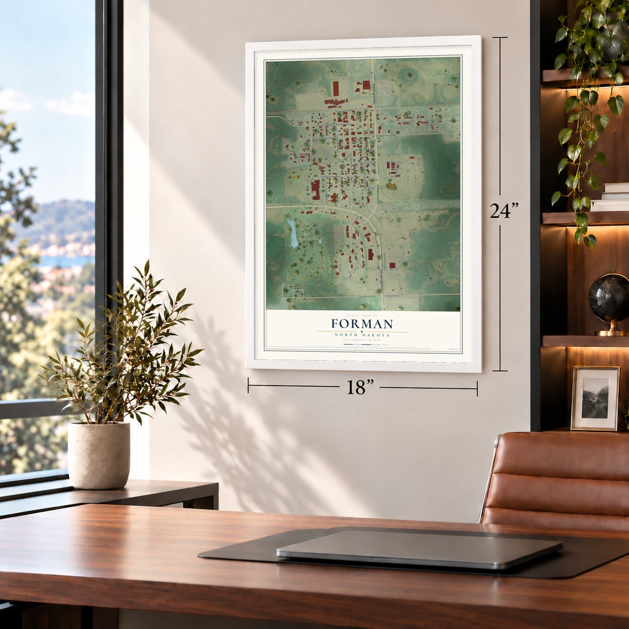 Forman, North Dakota map, 18 x 24 inch print in a white frame in a home office