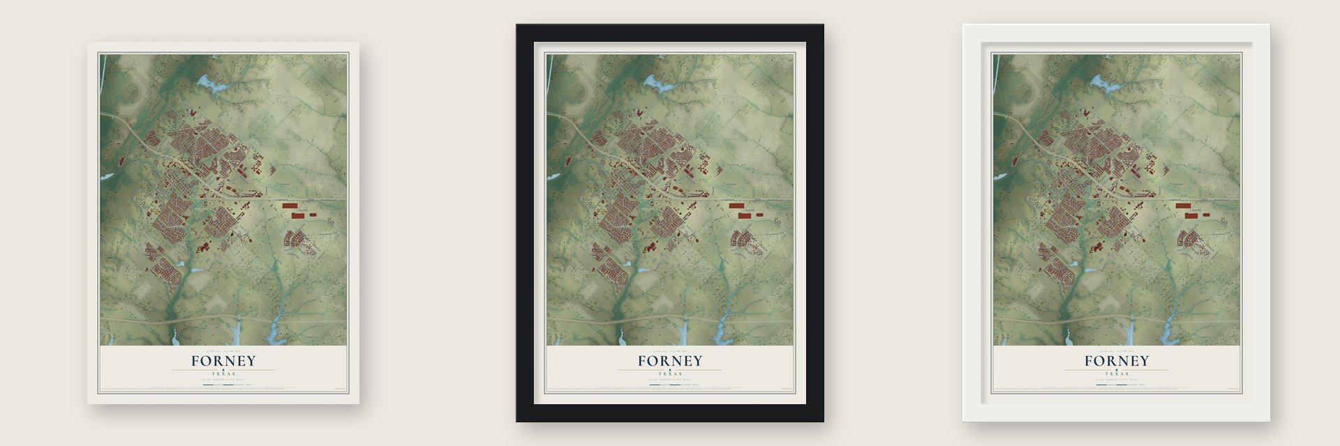Forney, Texas map unframed, in a black wood frame and in a white wood frame