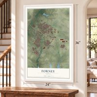 Forney, Texas map, 24 x 36 inch print in a white frame by a staircase