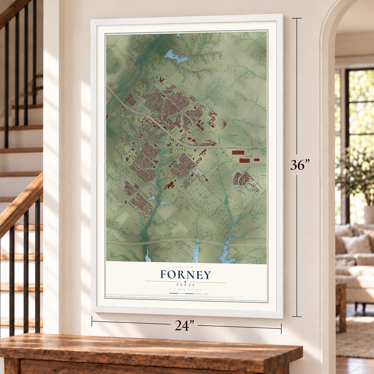 Forney, Texas map, 24 x 36 inch print in a white frame by a staircase