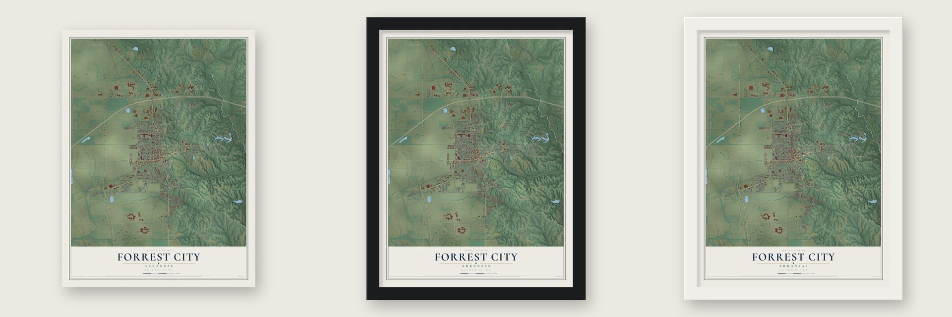 Forrest City, Arkansas map unframed, in a black wood frame and in a white wood frame