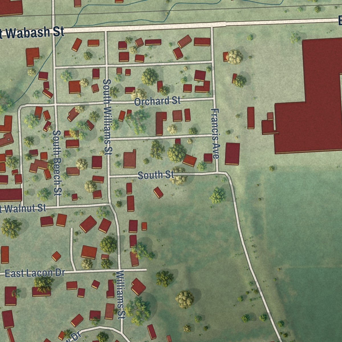 Second close-up of the map of Forrest, Illinois print showing more streets and buildings