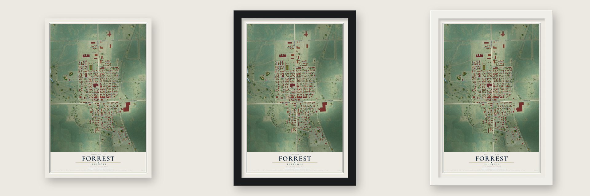 Forrest, Illinois map unframed, in a black wood frame and in a white wood frame