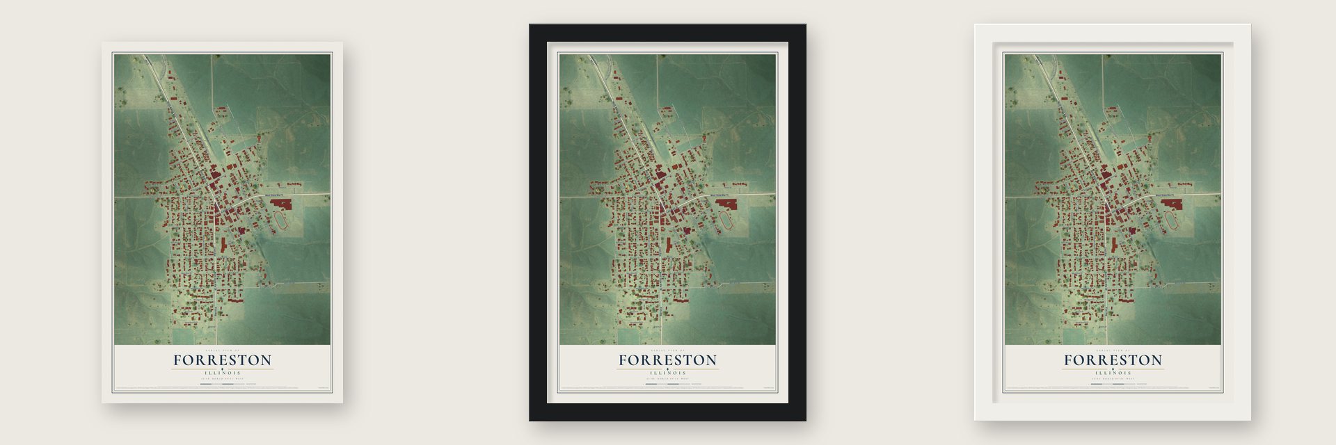 Forreston, Illinois map unframed, in a black wood frame and in a white wood frame