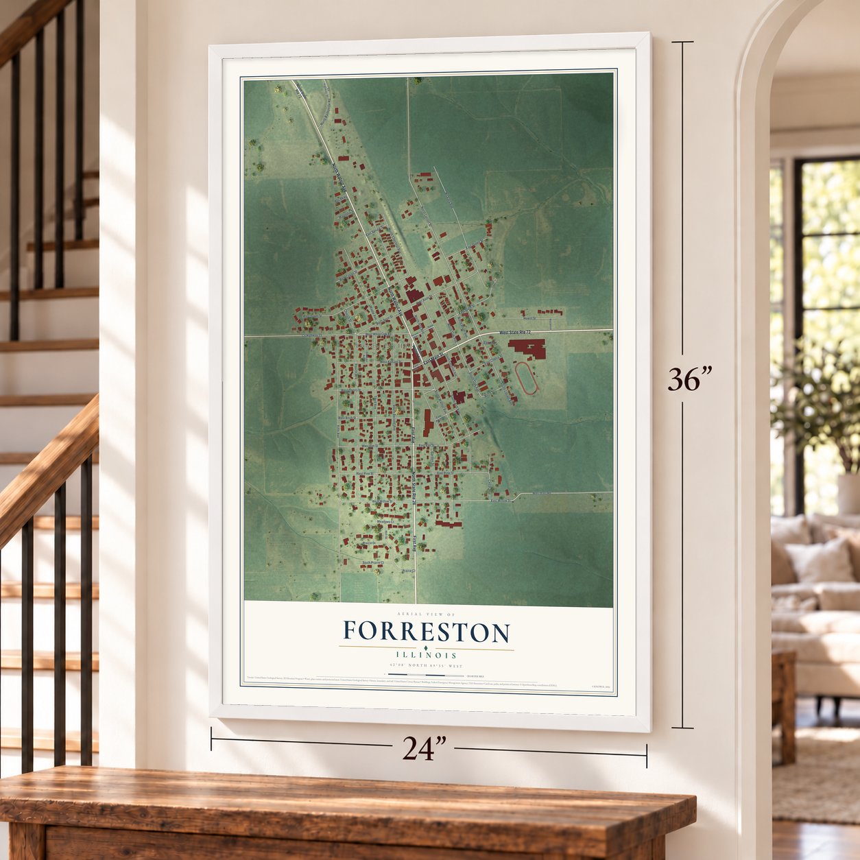 Forreston, Illinois map, 24 x 36 inch print in a white frame by a staircase