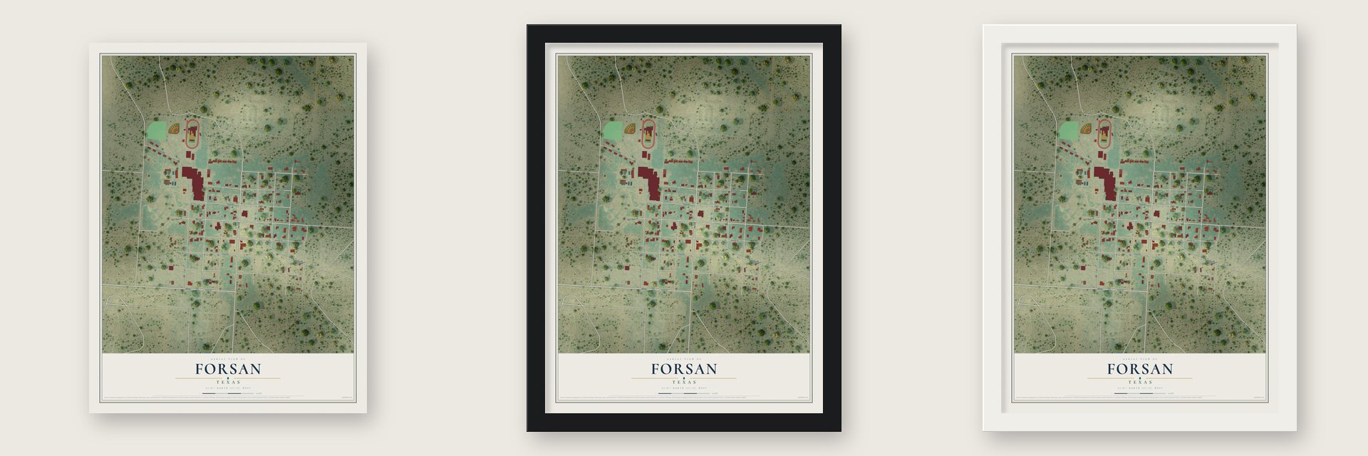 Forsan, Texas map unframed, in a black wood frame and in a white wood frame