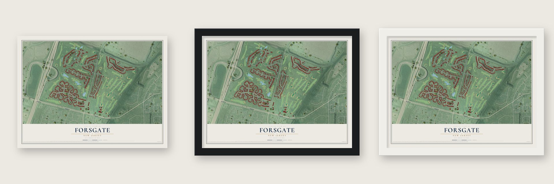 Forsgate, New Jersey map unframed, in a black wood frame and in a white wood frame