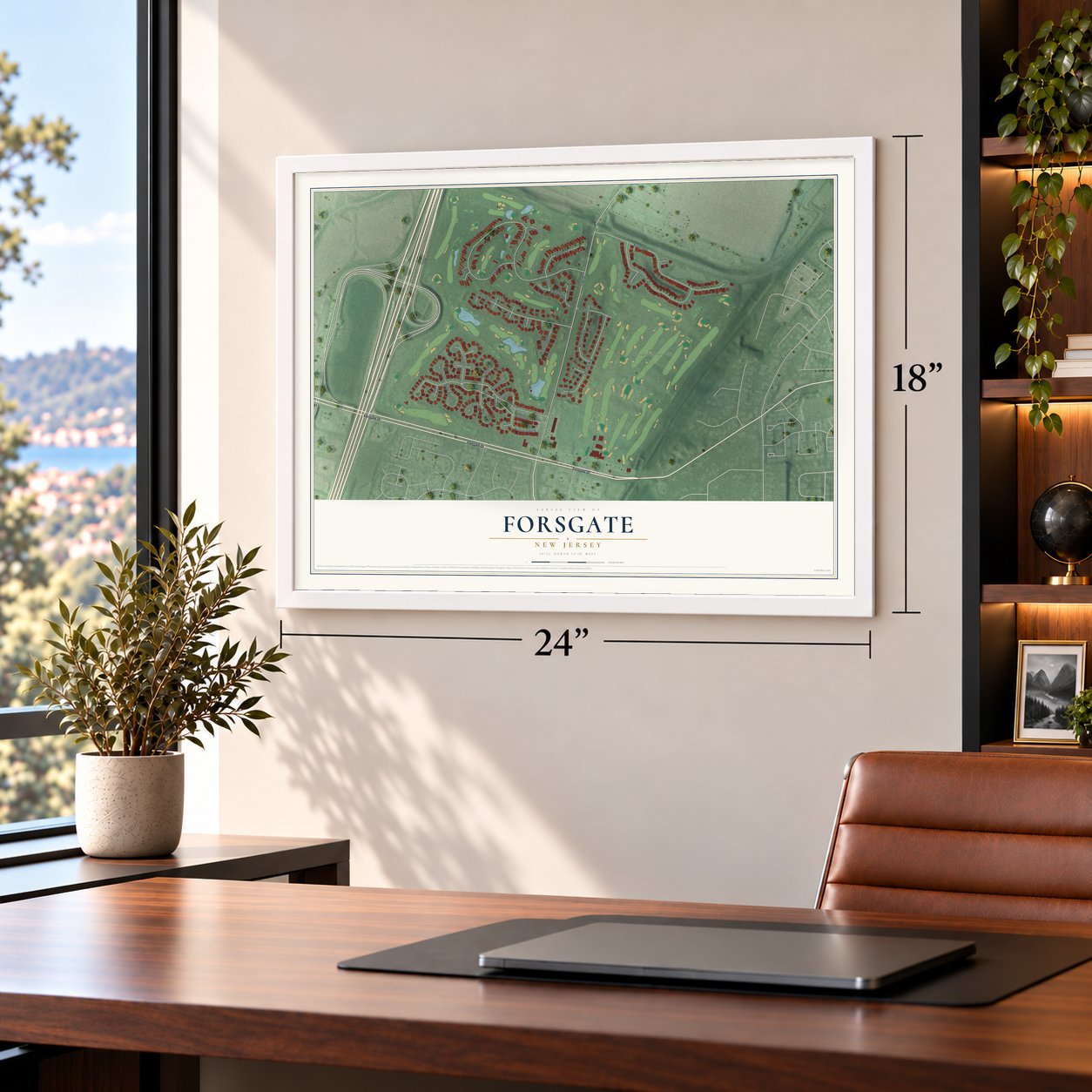 Forsgate, New Jersey map, 18 x 24 inch print in a white frame in a home office