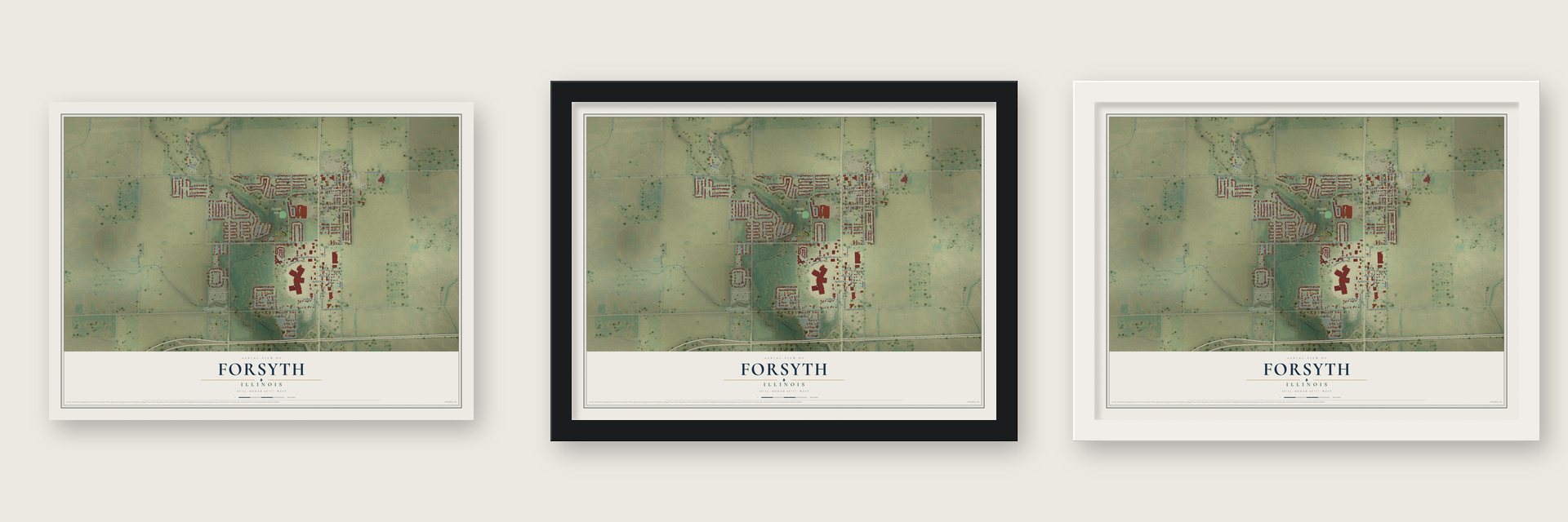 Forsyth, Illinois map unframed, in a black wood frame and in a white wood frame