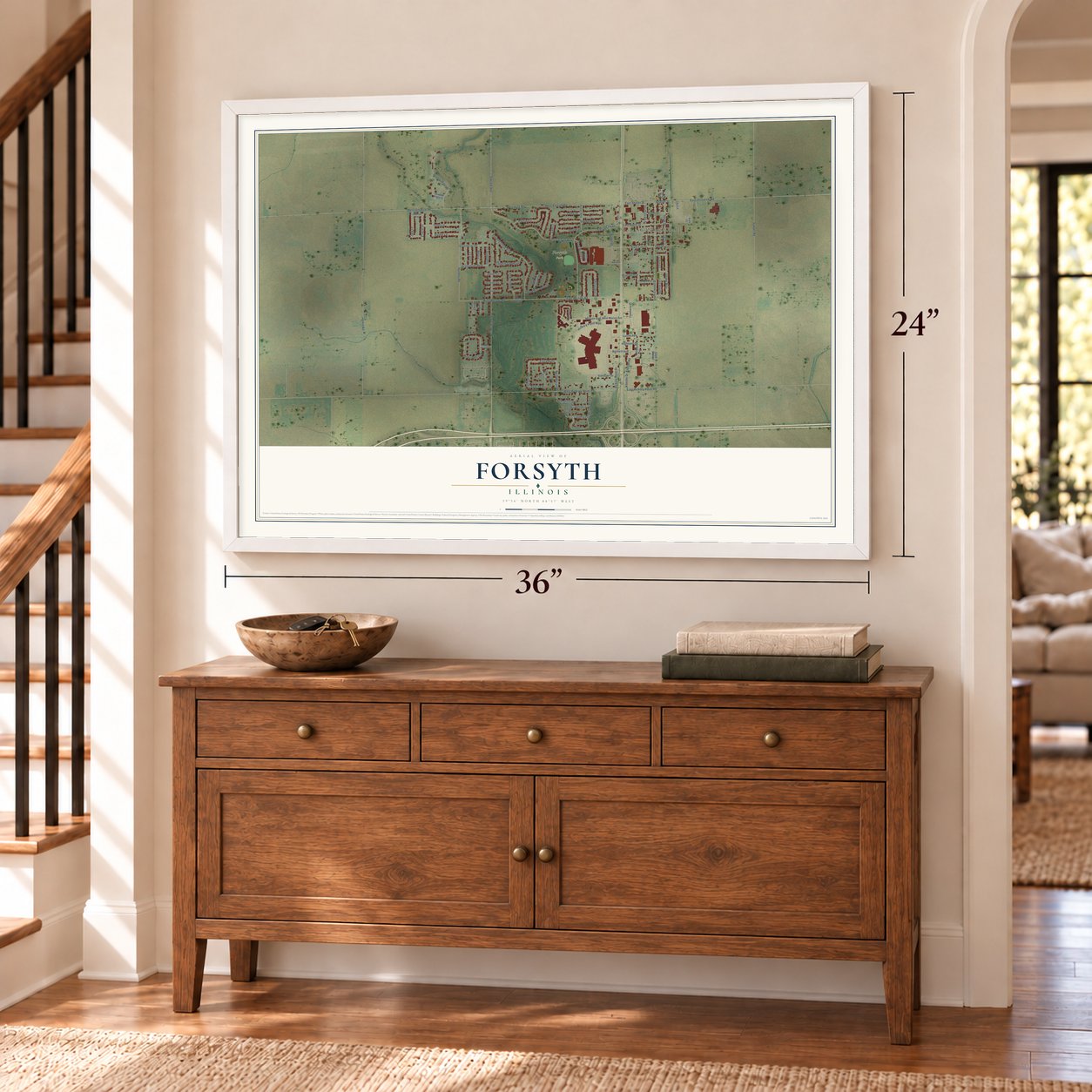 Forsyth, Illinois map, 24 x 36 inch print in a white frame above a dresser by a staircase