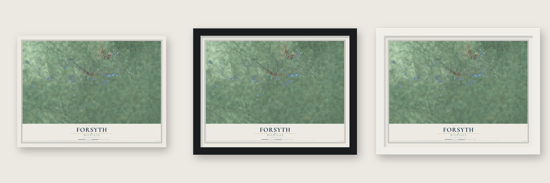 Forsyth, Michigan map unframed, in a black wood frame and in a white wood frame