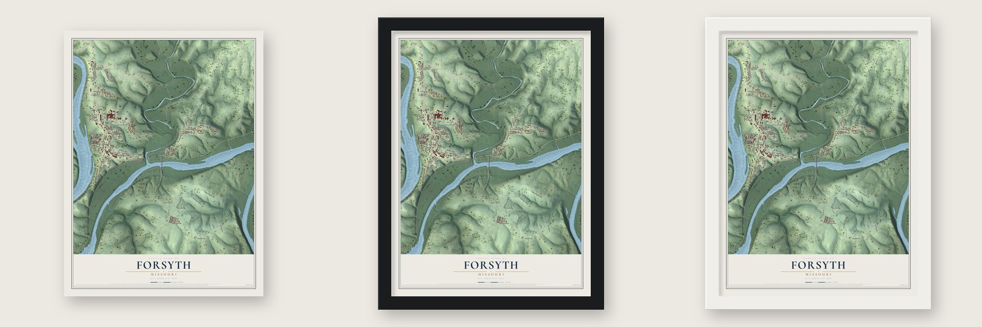 Forsyth, Missouri map unframed, in a black wood frame and in a white wood frame
