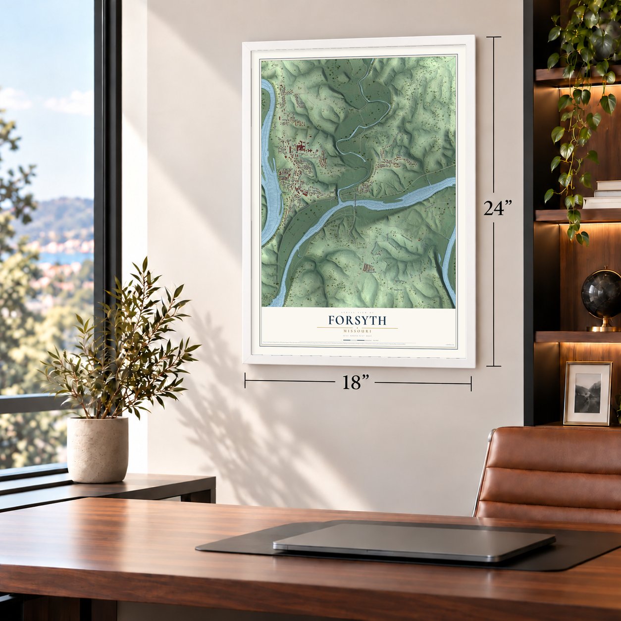 Forsyth, Missouri map, 18 x 24 inch print in a white frame in a home office