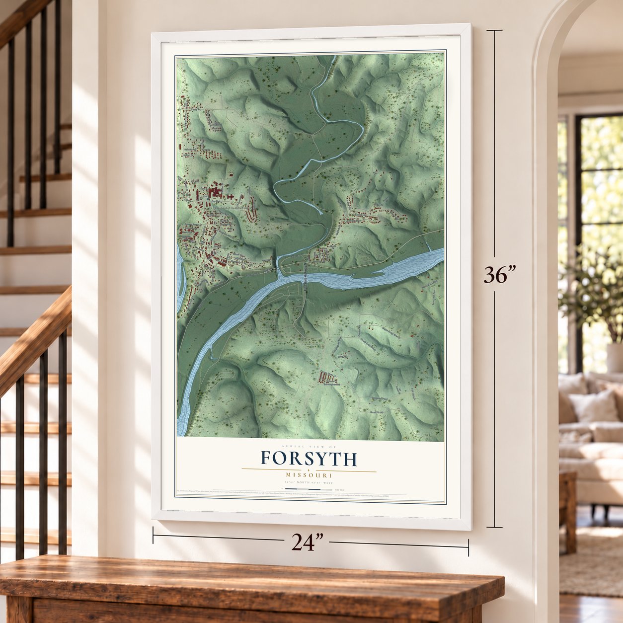 Forsyth, Missouri map, 24 x 36 inch print in a white frame by a staircase