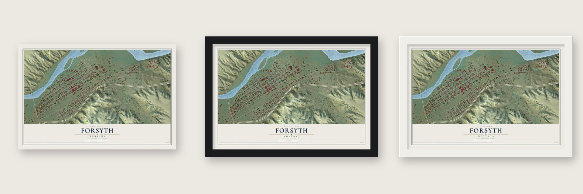 Forsyth, Montana map unframed, in a black wood frame and in a white wood frame