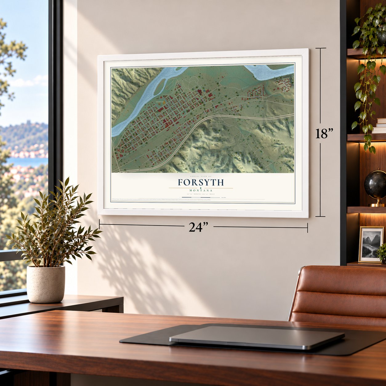 Forsyth, Montana map, 18 x 24 inch print in a white frame in a home office
