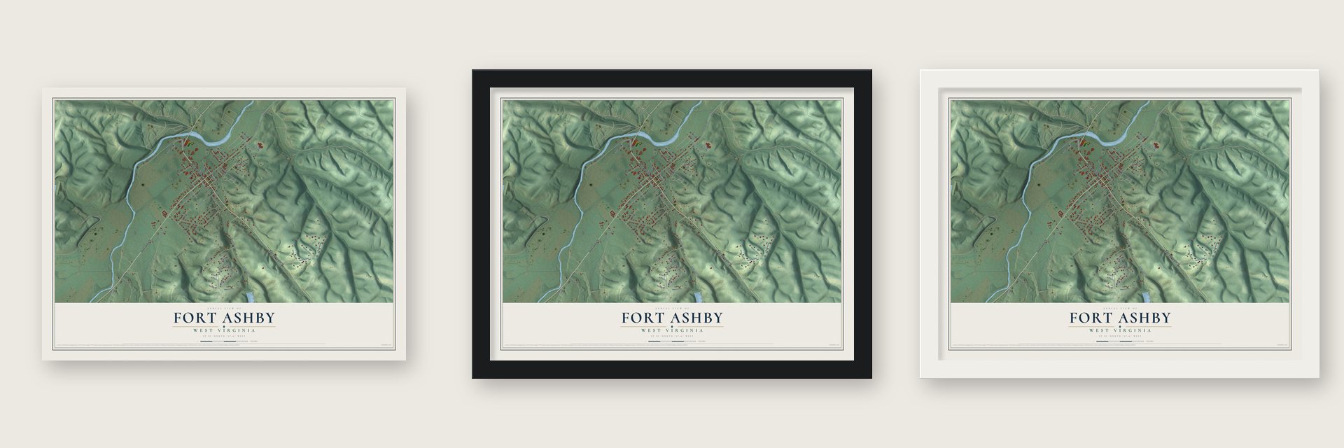 Fort Ashby, West Virginia map unframed, in a black wood frame and in a white wood frame