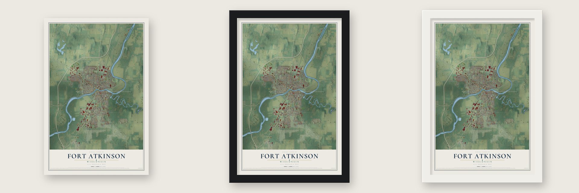 Fort Atkinson, Wisconsin map unframed, in a black wood frame and in a white wood frame