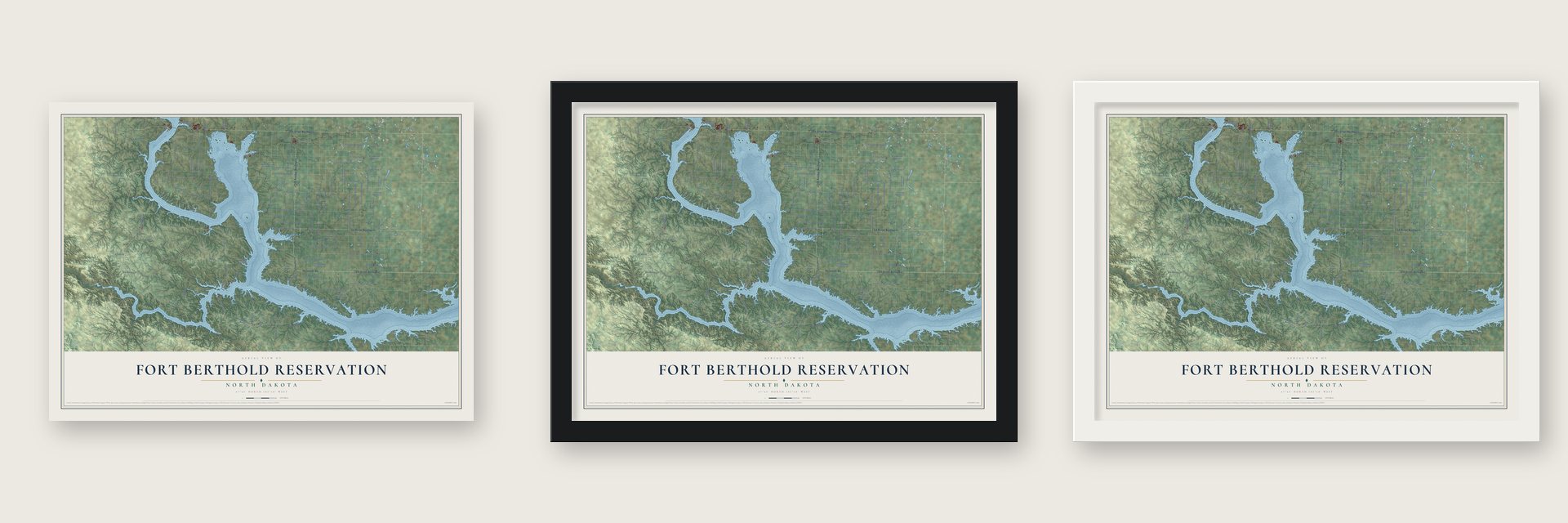 Fort Berthold Reservation, North Dakota map unframed, in a black wood frame and in a white wood frame
