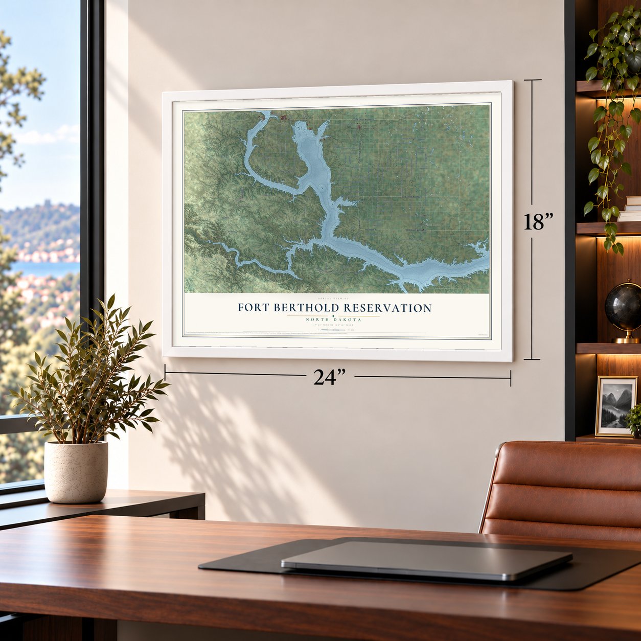 Fort Berthold Reservation, North Dakota map, 18 x 24 inch print in a white frame in a home office