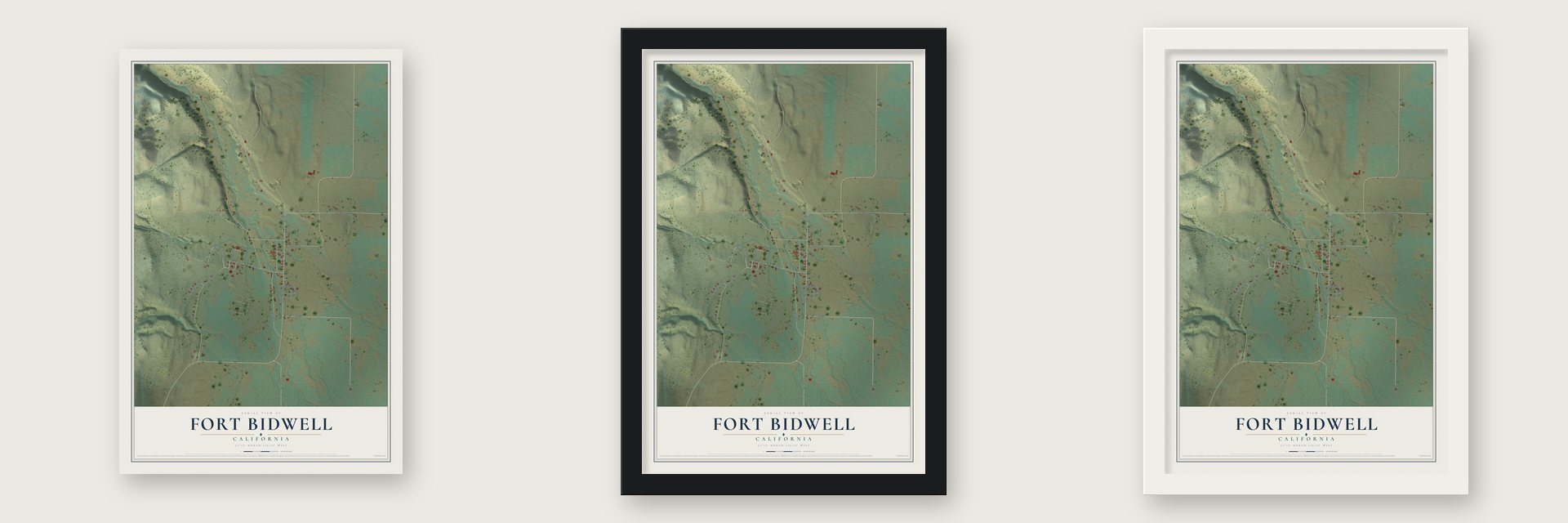 Fort Bidwell, California map unframed, in a black wood frame and in a white wood frame
