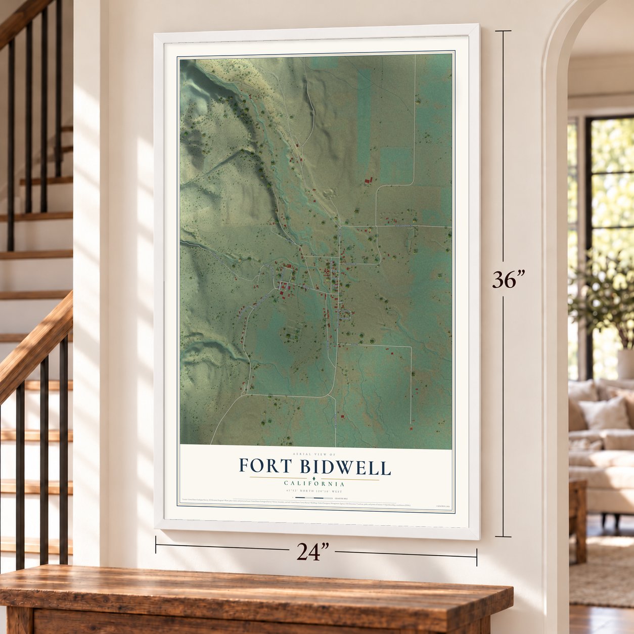 Fort Bidwell, California map, 24 x 36 inch print in a white frame by a staircase