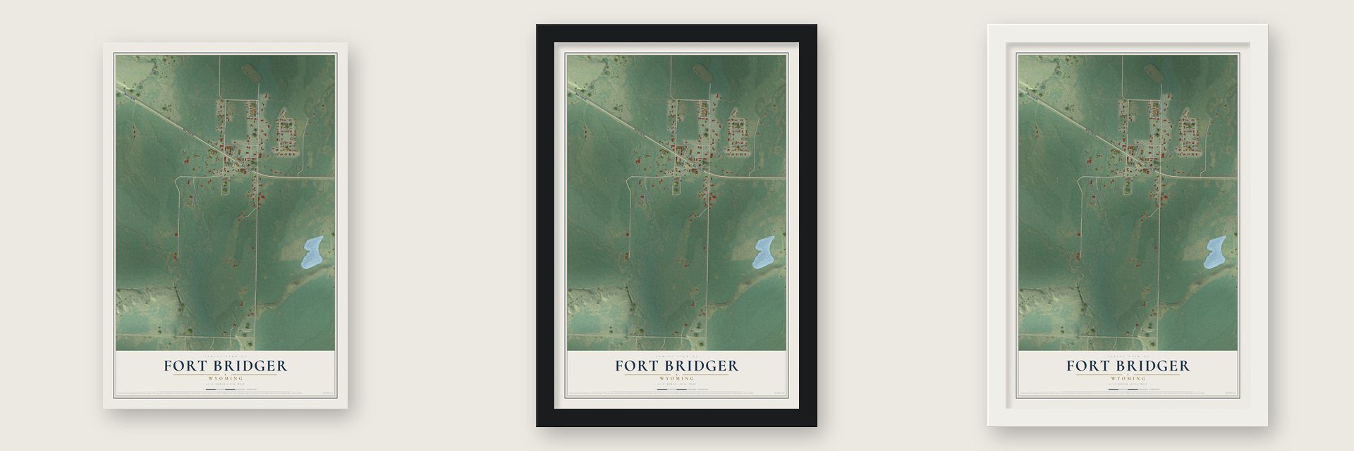 Fort Bridger, Wyoming map unframed, in a black wood frame and in a white wood frame