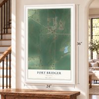 Fort Bridger, Wyoming map, 24 x 36 inch print in a white frame by a staircase