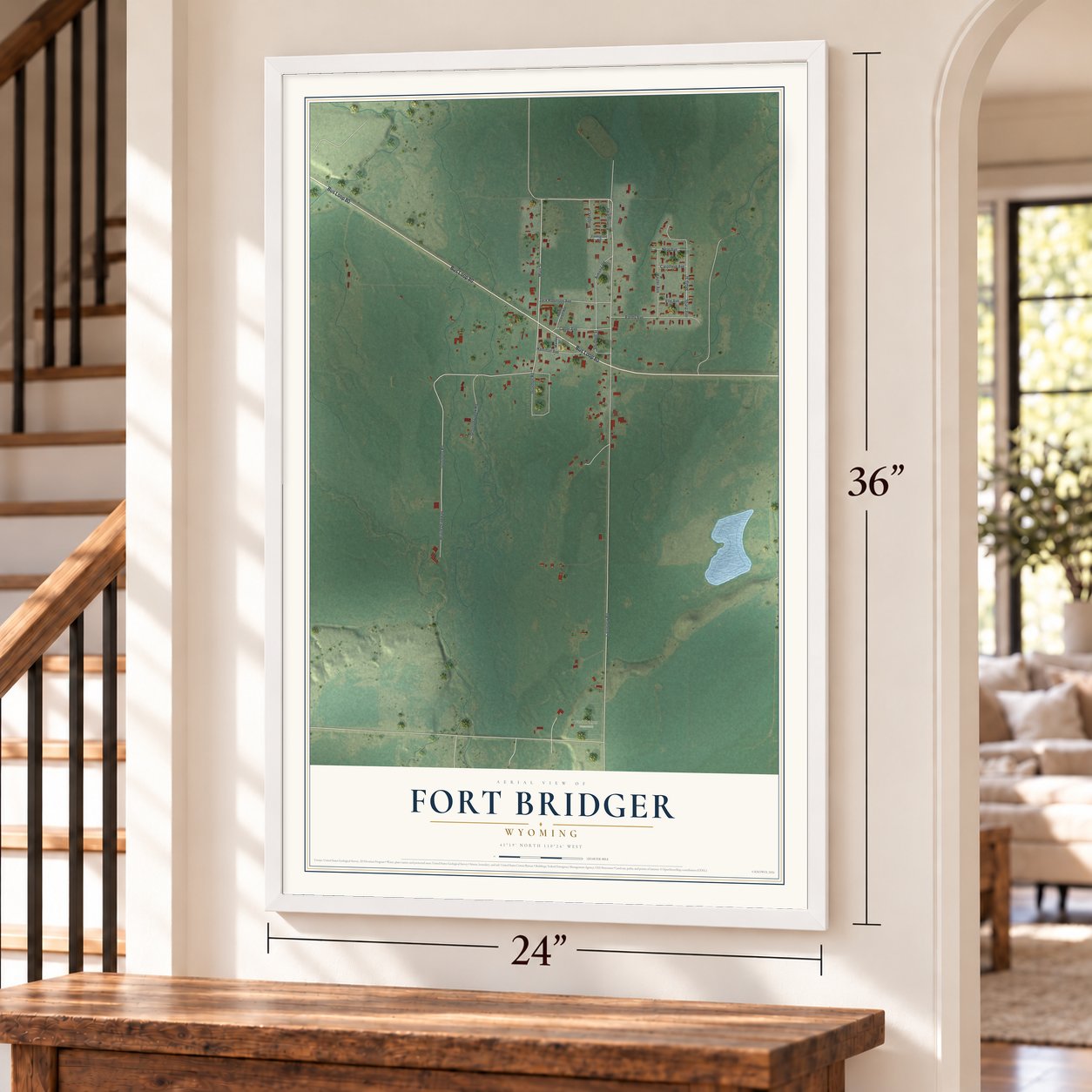 Fort Bridger, Wyoming map, 24 x 36 inch print in a white frame by a staircase