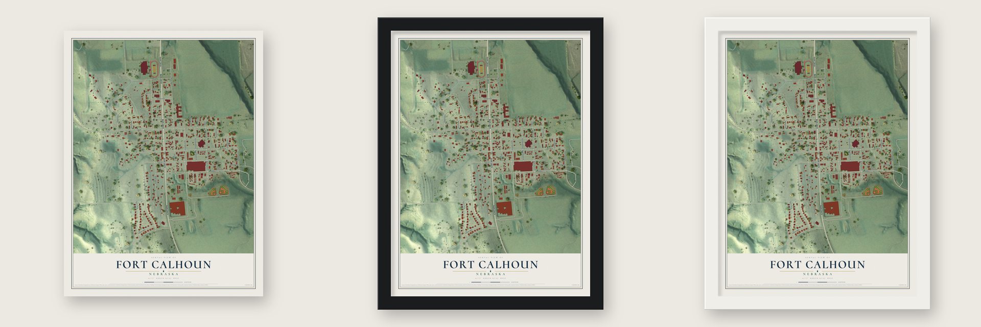 Fort Calhoun, Nebraska map unframed, in a black wood frame and in a white wood frame