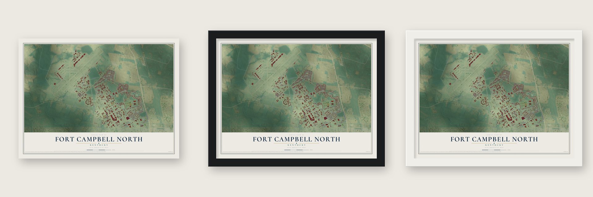Fort Campbell North, Kentucky map unframed, in a black wood frame and in a white wood frame