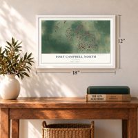 Fort Campbell North, Kentucky map, 12 x 18 inch print in a white frame in an entryway