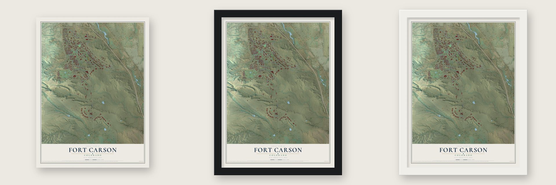 Fort Carson, Colorado map unframed, in a black wood frame and in a white wood frame