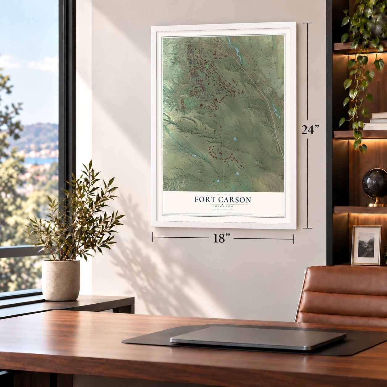 Fort Carson, Colorado map, 18 x 24 inch print in a white frame in a home office