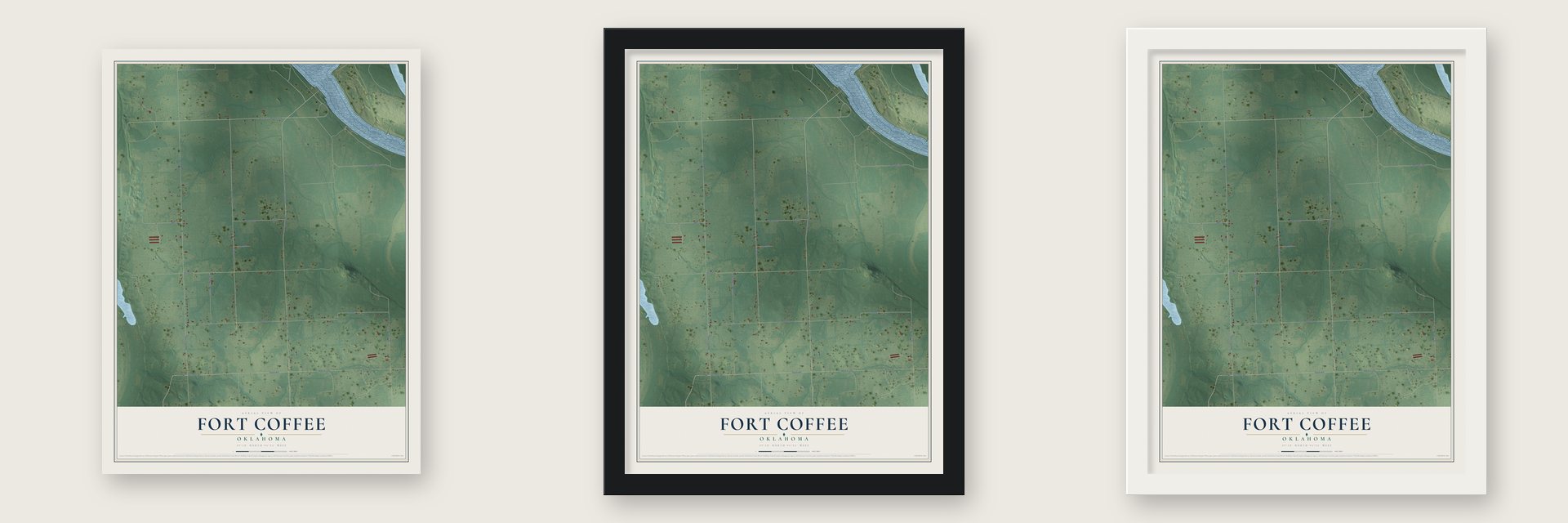 Fort Coffee, Oklahoma map unframed, in a black wood frame and in a white wood frame