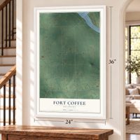 Fort Coffee, Oklahoma map, 24 x 36 inch print in a white frame by a staircase