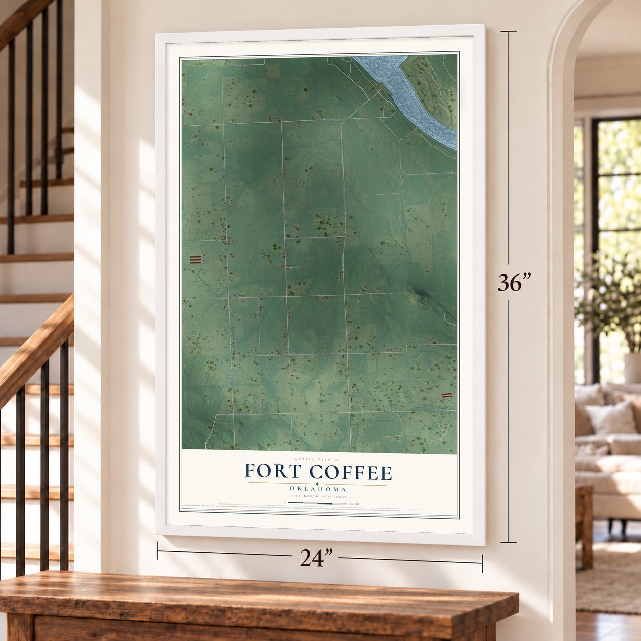 Fort Coffee, Oklahoma map, 24 x 36 inch print in a white frame by a staircase