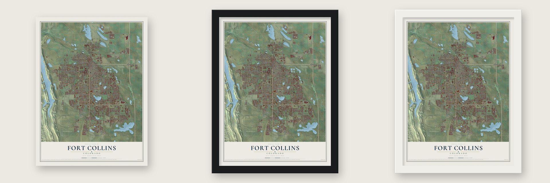 Fort Collins, Colorado map unframed, in a black wood frame and in a white wood frame