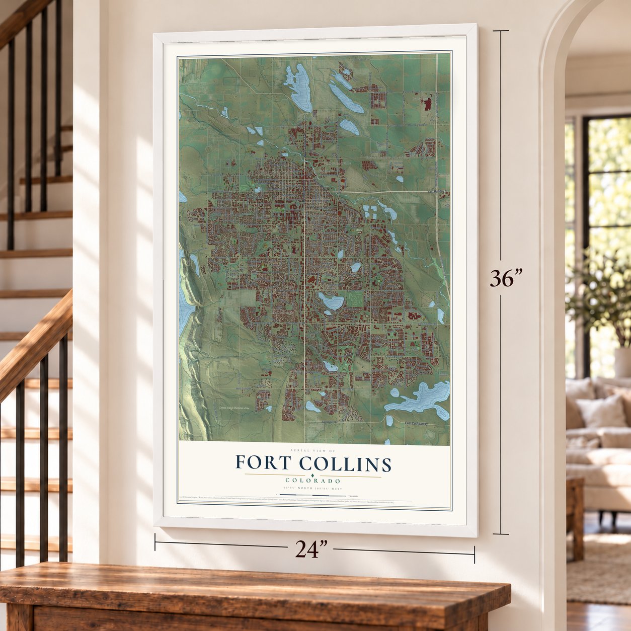 Fort Collins, Colorado map, 24 x 36 inch print in a white frame by a staircase