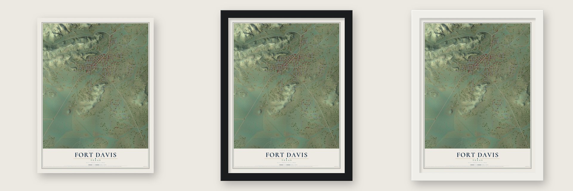Fort Davis, Texas map unframed, in a black wood frame and in a white wood frame